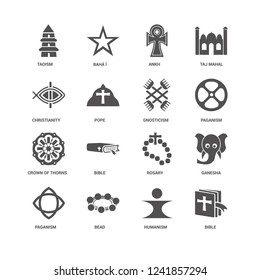 Bible, Pope, Taoism, Bahá í, Ganesha, Rosary, Humanism icon 16 set EPS 10 vector format. Icons optimized for both large and small resolutions.