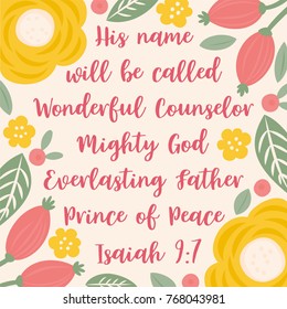 Bible Quote from Isaiah about jesus for christmas holidays, with floral and leaves doodles Hand drawn style, for used as print or wall poster