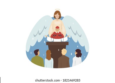 Bible, religion, christianity concept. Angel biblical religious character blessing old man priest preacher reading sermon to people parish flock in church. Catholic or orthodox holiday celebration.