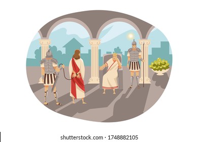 Bible, religion, christianity concept. New Testament biblical religious series. Jesus Christ at trial of Pontius Pilate Prefect of Judea judging son of God messiah prophet as Way or Stations of Cross.