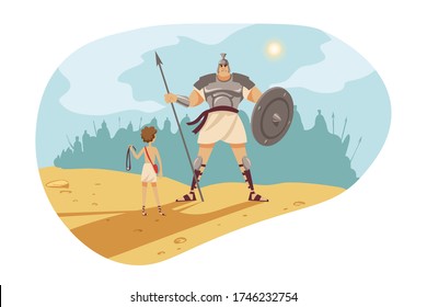 Bible, religion, christianity concept. Old Testament biblical Genesis religious series. Fight struggle of young fighter David with sling against giant philistine warrior Goliath with spear and shield.