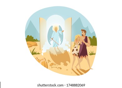 Bible, religion, christianity concept. Old Testament biblical Genesis religious series illustration. Cherub archangel Michael expelling Adam and Eve from Paradise Eden Garden for falling in sin.