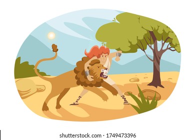 Bible, religion, christianity concept. Old Testament biblical Genesis religious series. Strong mythological legendary christian jewish character hero Samson fighting and killing lion in wasteland.