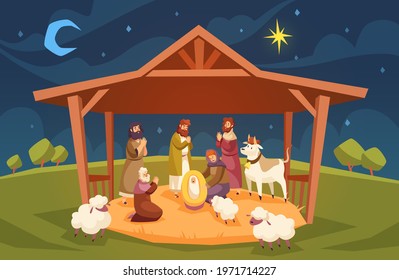 Bible scene. Christmas christian composition, jesus christ birth in manger, baby with magi, Virgin Mary, night sky with star, new testament holy book. Religion holiday, vector cartoon concept