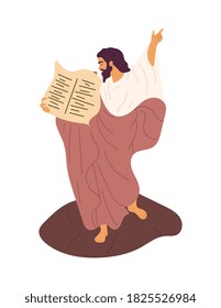 Bible scene. Jesus with the 10 Commandments. Flat vector illustration