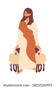 Bible scene. Jesus as a shepherd. Flat vector illustration