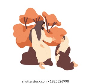 Bible scene. Jesus speaking to a wonan. Flat vector illustration