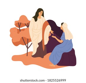 Bible scene. Jesus speaking to a wonan. Flat vector illustration