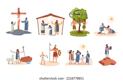Bible scenes. Cartoon ancient biblical characters flat style, christianity religion sacred stories from holy book, heaven God manna narratives. Vector isolated set. Christ birth, Adam and Eve