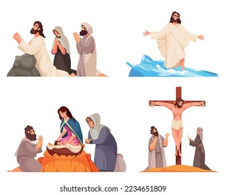 Bible scenes cartoon set with Jesus and Virgin Mary isolated vector illustration