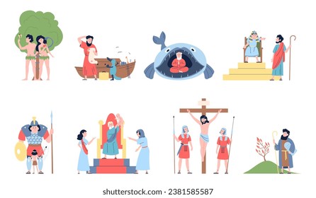 Escenas de la Biblia con personajes religiosos sagrados. Libros sagrados y gente myphs, mitología e historias cristianas. Primera persona en el jardín, concepto reciente de vector