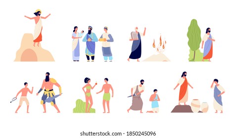 Bible scenes. Religion people, isolated biblical legendary concepts. Christian story, murder prayer man birth god or lord utter vector set