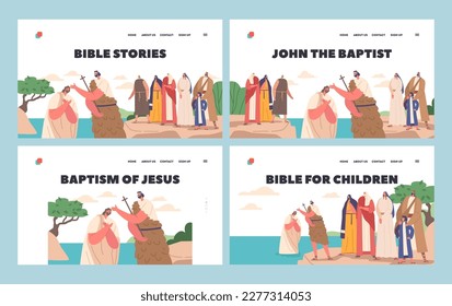 Bible Stories Landing Page Template Set. John Baptist Baptizing Jesus In Jordan River Biblical Scene Vector Illustration