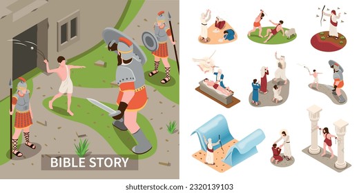 Bible story composition with religion and miracle symbols isometric isolated vector illustration