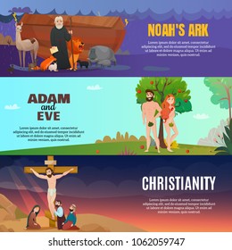 Bible story horizontal banners set with Adam and Eve symbols flat isolated vector illustration