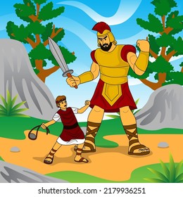 bible story illustration, david against goliath, good for story books, children's bibles, posters, websites, printing and more