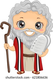 Bible Story Illustration of a Little Boy Role Playing Moses Wearing a Tunic and Carrying Stone Tablets