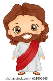 Bible Story Illustration of a Little Boy Role Playing Jesus Wearing a Tunic Adorned with a Red Sash