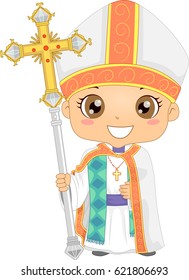 Bible Story Illustration of a Little Boy Role Playing a Bishop Wearing a White Stole and Holding a Staff with a Cross Mounted on Top