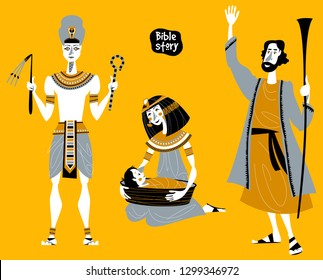 Bible story. Passover Haggadah. Pharaoh. Pharaoh’s daughter finds the basket with Moses. Hebrew prophet Moshe. Vector illustration