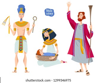 Bible story. Passover Haggadah. Pharaoh. Pharaoh’s daughter finds the basket with Moses. Hebrew prophet Moshe. Vector illustration