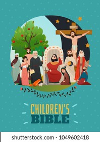  Bible story poster with children bible symbols flat vector illustration