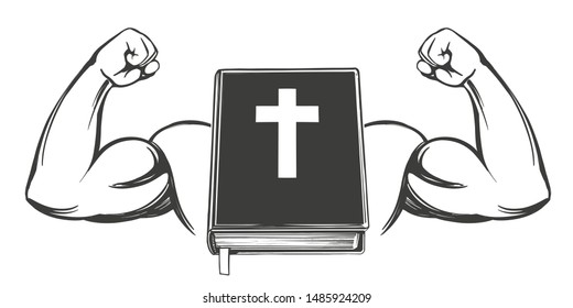 Bible and strong hand, bicep, symbol of Christianity icon cartoon symbol hand drawn vector illustration sketch