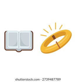 Bible study and marriage class icons, open scripture, radiant wedding ring, church education event flyer, faith formation session materials