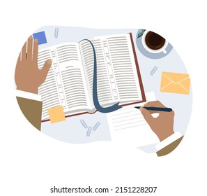 Bible study plan cartoon vector illustration. Human hands holding pen or pencil and making notes in a notebook. Christian people read the Holy Bible and learn about the Word of God isolated on a white