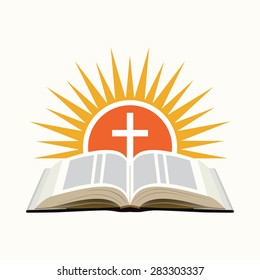 Bible, sunset and cross. Church logo concept. Isolated on white background. Vector illustration