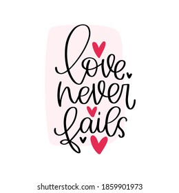 Bible verse 1 Corinthians 13:4-8 for Valentine’s day, greeting card vector design. Love never fails calligraphy vector quote about stable marriage.