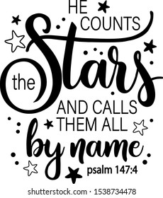 Bible verse vector file. He counts the stars and calls them all by name. Psalm 147:4. Christian design. Religious decor.