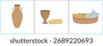 Bible-themed vector illustration for children featuring bread and wine, a jug, and loaves with fish. Perfect for Christian education, Sunday school lessons, and Bible story materials.