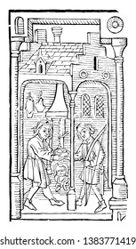 Biblia Pauperum, Jacob and Esau from the tenth page of the engraving, vintage line drawing or engraving illustration.