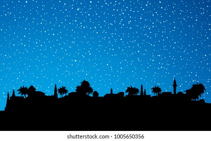 Biblic middle east antique turkey orient palm tree dusk district scene with old dwelling. Dark black drawing picture in cartoon graphic style with space for text on starry nightfall heaven copyspace