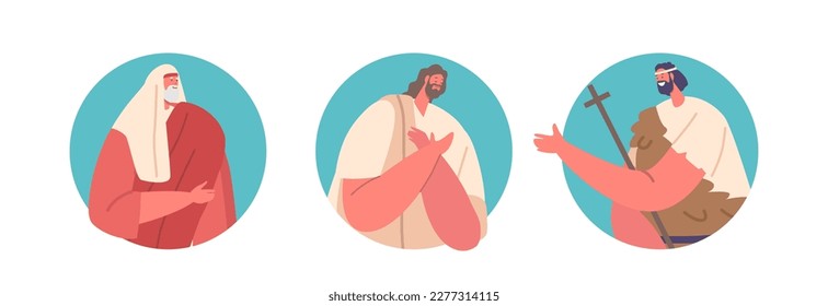 Biblical Characters John The Baptist And Jesus Christ Isolated Round Icons Or Avatars. Holy Symbolic Religious Act