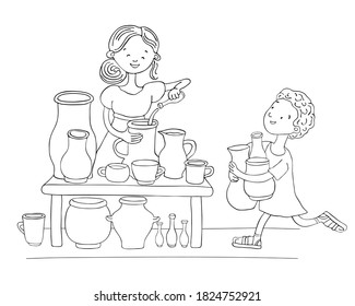 Biblical cheerful illustration of a widow from Zarepta. Miracle with oil. The woman is a widow and her son. A jug cruses of oil. Bible old testament 1 Kings. Elijah. Cute kids coloring Sunday school.