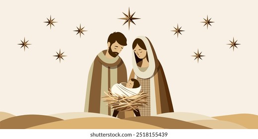 Navidades bíblicas. La historia cristiana del nacimiento del niño Jesús, María y José en el pesebre. Ilustración vectorial plana de dibujos animados