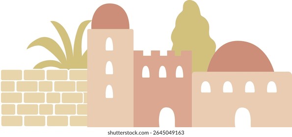 ilustração minimalista da paisagem urbana da era bíblica vetor isolado com casas de pedra, telhados abobadados. Use para ferramentas de ensino da igreja, aplicativos bíblicos, livros escolares de domingo e conteúdo de aprendizagem das crianças