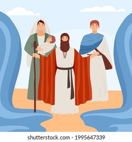 Biblical exodus israelites of Egypt scene of Old Testament of Bible with Moses prophet splitting the sea, flat vector illustration. Exodus or Jewish Passover holiday.