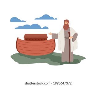 Biblical flood with Noah standing next to ark, flat vector illustration isolated on white background. Old testament or Hebrew Bible patriarch Noah with ark ship.