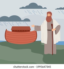 Biblical Genesis Flood Narrative Scene With Noah Standing Next To Ark, Flat Vector Illustration. Old Testament Or Hebrew Bible Pre-Flood Patriarch Noah.