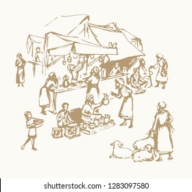 Biblical hebrew religion vendors kasbah man scene. Orient heritage Omani view. Antique fes pottery souq on white background. Saudi rabat bazar quarter picture sketch in vector iraq art graphic style