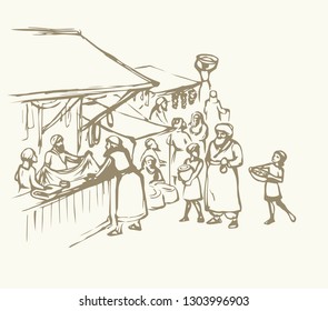 Biblical hebrew religion vendors kasbah man scene. Orient heritage Omani view. Antique fes souq on white background. Saudi rabat bazar quarter picture sketch in vector iraq art graphic style