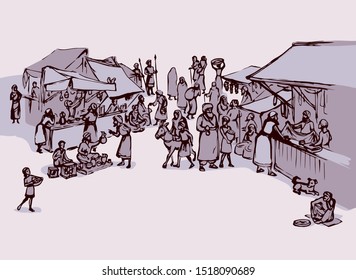 Biblical hebrew religion vendors kasbah man scene. Orient heritage Omani view. Antique fes pottery souq on white background. Saudi rabat bazar quarter picture sketch in vector iraq art graphic style