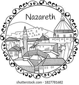 Biblical holy linear cityscape in mandala with text Nazareth in English surrounded by floral motifs, black on transparent vector. 