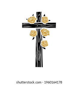 Biblical illustration. Christian art. Wooden cross of Jesus Christ decorated with roses.