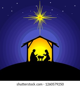 Biblical illustration. Christmas story. Mary and Joseph with the baby Jesus. Nativity scene near the city of Bethlehem.