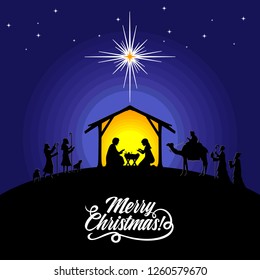 Biblical illustration. Christmas story. Mary and Joseph with the baby Jesus. Nativity scene near the city of Bethlehem. The shepherds and the wise men came to worship the Christ.