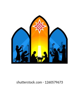Biblical illustration. Christmas story. Mary and Joseph with the baby Jesus. Nativity scene near the city of Bethlehem. The shepherds and the wise men came to worship the Christ.